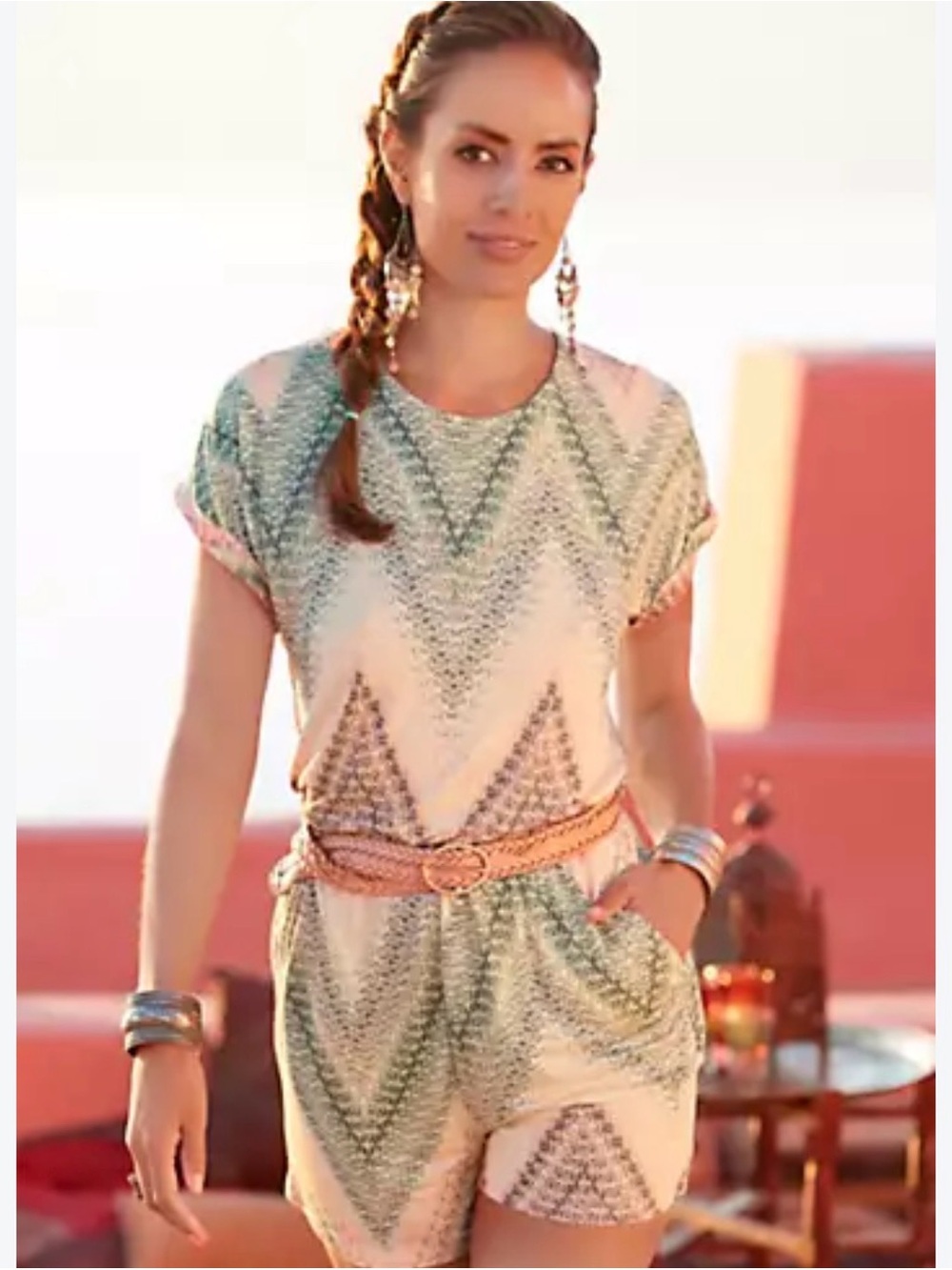 Women’s Chevron Print Short Sleeve Romper - Teal, Brown & Cream